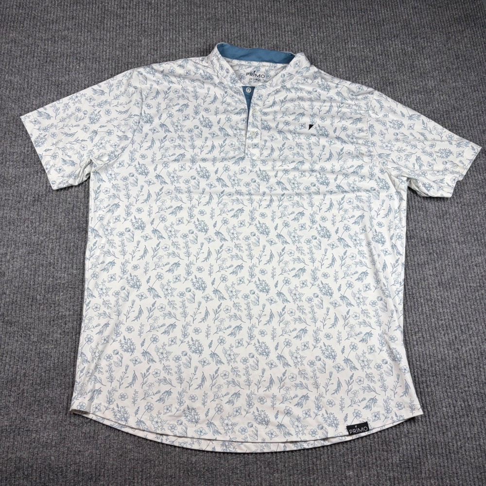 Primo Golf Shirt Mens 2XL White Blue Floral Short Sleeve Performance Polo